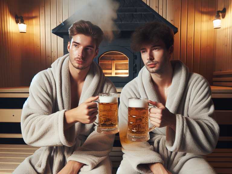 KI Bild für die Webseite Marcel Bruckmanns Spa. 2 Männer entspannt in der Sauna mit einem Glas Bier.