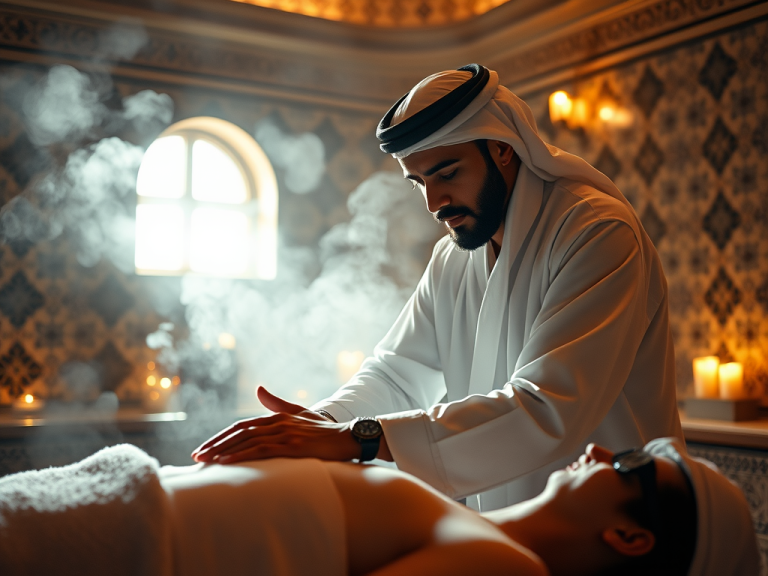 KI bild von einem arabischen Mann der eine Massage auf einem Hamam durchführt