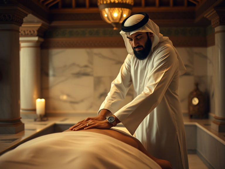 KI bild von einem arabischen Mann der eine Massage auf einem Hamam durchführt