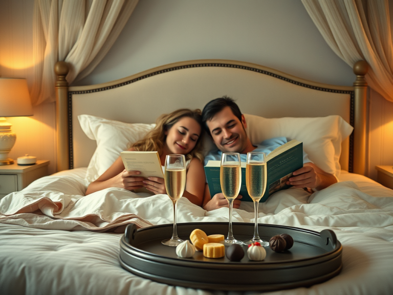 KI Bild für die Webseite Marcel Bruckmanns Spa. es stellt ein Ehepaar in einem Bett da. Sie lesen ein Buch und trinken Sekt