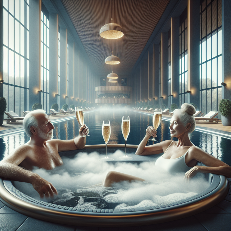 KI Bild für die Webseite Marcel Bruckmanns Spa. ein älteres Ehepaar mit einem Glas Sekt im Whirlpool